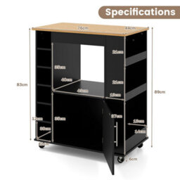 Island Rolling Storage Cabinet Trolley Cart Shelves-Black Kitchen - thumbnail 2