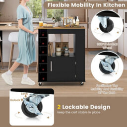 Island Rolling Storage Cabinet Trolley Cart Shelves-Black Kitchen - thumbnail 4