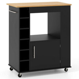 Island Rolling Storage Cabinet Trolley Cart Shelves-Black Kitchen - thumbnail 1