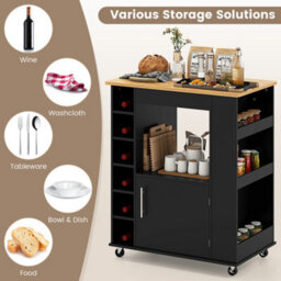Island Rolling Storage Cabinet Trolley Cart Shelves-Black Kitchen - thumbnail 3