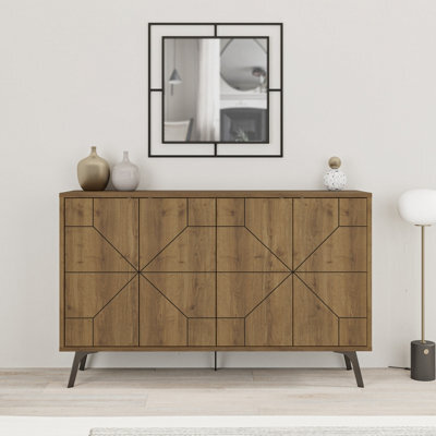 Decortie Dune Modern Sideboard Cabinet - Geometric 4 Door Console Sideboard With Metal Legs Dark Oak Effect - image 1