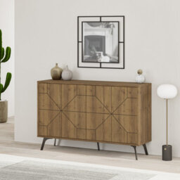 Decortie Dune Modern Sideboard Cabinet - Geometric 4 Door Console Sideboard With Metal Legs Dark Oak Effect - thumbnail 5