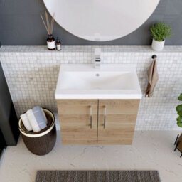 Balterley Contemporary Bathroom Wall Hung 2 Soft-Close Door Vanity Unit With Mid-Edge Ceramic Basin, Bleached Oak, 600 mm - thumbnail 3