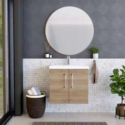 Balterley Contemporary Bathroom Wall Hung 2 Soft-Close Door Vanity Unit With Mid-Edge Ceramic Basin, Bleached Oak, 600 mm - thumbnail 2