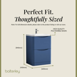 Balterley Dunwood Floor Standing 2 Drawer Bathroom Vanity Unit & Polymarble Basin, Satin Blue, 550mm - thumbnail 5