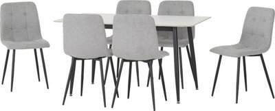 Seconique Fenton Dining Set White Marble Stone Effect With 6 Light Grey Fabric Chairs - image 1