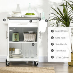 Homcom Rolling Kitchen Cart Storage Trolley With Drawer Towel Rail Steel White - thumbnail 4