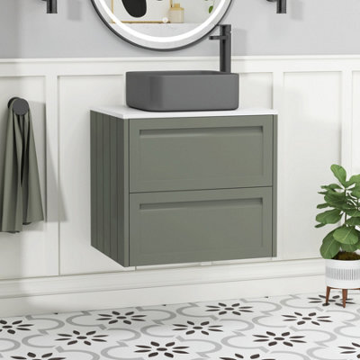 Royal Bathrooms Royal Bathroom Elmore 600mm Matt Green Wall Mounted Bathroom Vanity Unit 2 Drawer Plain White Worktop With Art Square Basin - image 1