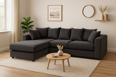 Eco Living Asher Jumbo Cord Corner Sofa Left Hand Facing Chaise Black