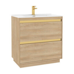 Royal Bathrooms Orion 800mm Natural Oak 2 Drawer Floor Standing Vanity Unit With Ceramic Basin & Brushed Brass Strip - thumbnail 7