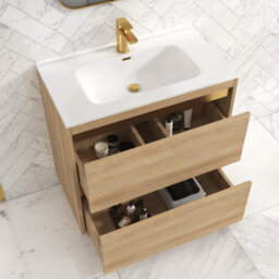 Royal Bathrooms Orion 800mm Natural Oak 2 Drawer Floor Standing Vanity Unit With Ceramic Basin & Brushed Brass Strip - thumbnail 4