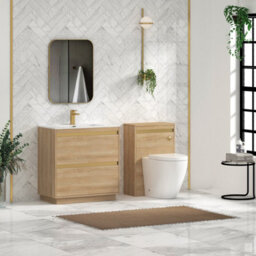 Royal Bathrooms Orion 800mm Natural Oak 2 Drawer Floor Standing Vanity Unit With Ceramic Basin & Brushed Brass Strip - thumbnail 3