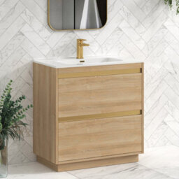 Royal Bathrooms Orion 800mm Natural Oak 2 Drawer Floor Standing Vanity Unit With Ceramic Basin & Brushed Brass Strip - thumbnail 5