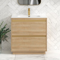 Royal Bathrooms Orion 800mm Natural Oak 2 Drawer Floor Standing Vanity Unit With Ceramic Basin & Brushed Brass Strip