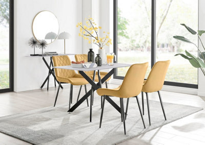Furniturebox Uk Leonardo White Glass Marble Effect Black Leg Table & 4 Mustard Pesaro Black Leg Chairs - image 1