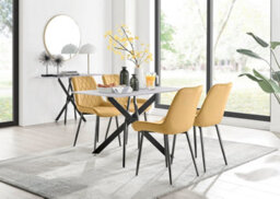 Furniturebox Uk Leonardo White Glass Marble Effect Black Leg Table & 4 Mustard Pesaro Black Leg Chairs