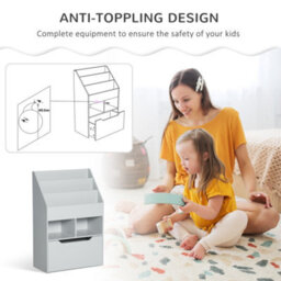 Homcom Kids Bookcase, Toy Box W/ Storage Drawer, Wheels For Bedroom - Grey - thumbnail 6