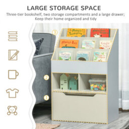Homcom Kids Bookcase, Toy Box W/ Storage Drawer, Wheels For Bedroom - Grey - thumbnail 4