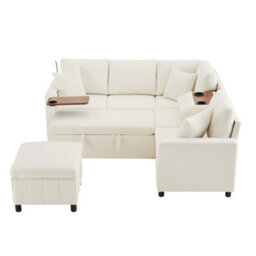 Abrihome Beige Chenille Corner Sofa Bed 205X205X85Cm, Pull-Out Ottoman, Reading Lamp, Usb-C & Hidden Fold-Out Table - thumbnail 7