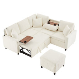 Abrihome Beige Chenille Corner Sofa Bed 205X205X85Cm, Pull-Out Ottoman, Reading Lamp, Usb-C & Hidden Fold-Out Table - thumbnail 6