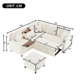 Abrihome Beige Chenille Corner Sofa Bed 205X205X85Cm, Pull-Out Ottoman, Reading Lamp, Usb-C & Hidden Fold-Out Table - thumbnail 2