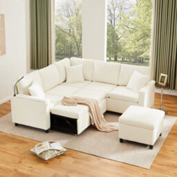 Abrihome Beige Chenille Corner Sofa Bed 205X205X85Cm, Pull-Out Ottoman, Reading Lamp, Usb-C & Hidden Fold-Out Table - thumbnail 1