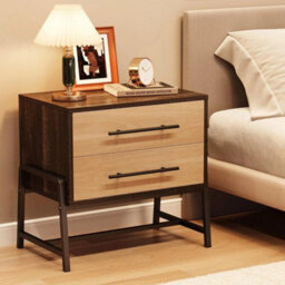 Dark Wood Nightstand With Drawers Wide Bedside Table Featuring Metal Legs - thumbnail 5