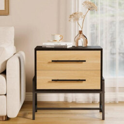 Dark Wood Nightstand With Drawers Wide Bedside Table Featuring Metal Legs - thumbnail 4