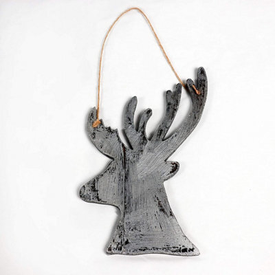 Shatchi 26Cm Silver Christmas Wooden Hanging Deer Wall Decoration Xmas Home Office Holiday Decorative Centrepiece - image 1