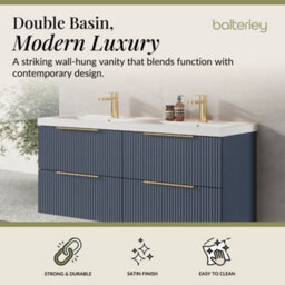 Balterley Fluted Front Wall Hung 4-Drawer Bathroom Vanity Unit With Double Basin, 1200mm, Satin Blue, Brushed Brass Handles - thumbnail 2
