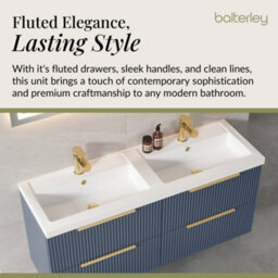 Balterley Fluted Front Wall Hung 4-Drawer Bathroom Vanity Unit With Double Basin, 1200mm, Satin Blue, Brushed Brass Handles - thumbnail 4
