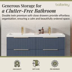 Balterley Fluted Front Wall Hung 4-Drawer Bathroom Vanity Unit With Double Basin, 1200mm, Satin Blue, Brushed Brass Handles - thumbnail 3