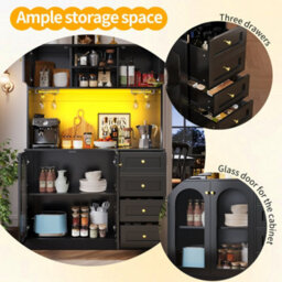Abrihome Farmhouse 120Cm Sideboard Buffet Cabinet 4 Doors W/ Led Light Strip & Drink Holders Kitchen Storage Black - thumbnail 5