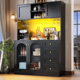 Abrihome Farmhouse 120Cm Sideboard Buffet Cabinet 4 Doors W/ Led Light Strip & Drink Holders Kitchen Storage Black
