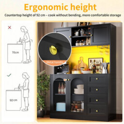 Abrihome Farmhouse 120Cm Sideboard Buffet Cabinet 4 Doors W/ Led Light Strip & Drink Holders Kitchen Storage Black - thumbnail 3