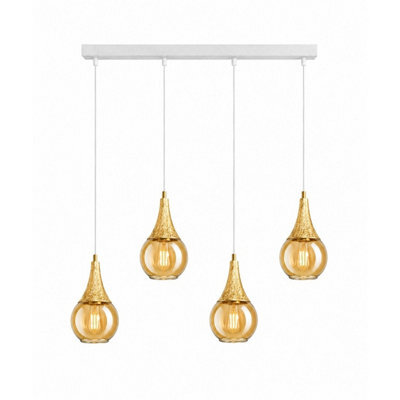 Luminosa Lighting Luminosa Lacrima Bar Pendant Ceiling Light White, Gold Amber Glass Shade 4X E27 - image 1