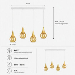 Luminosa Lighting Luminosa Lacrima Bar Pendant Ceiling Light White, Gold Amber Glass Shade 4X E27 - thumbnail 4