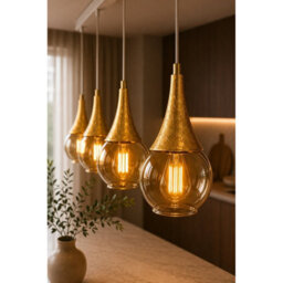 Luminosa Lighting Luminosa Lacrima Bar Pendant Ceiling Light White, Gold Amber Glass Shade 4X E27 - thumbnail 3