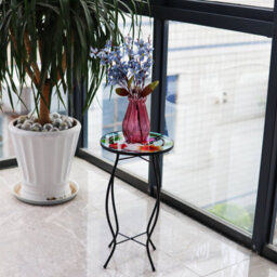 Geezy Iron/glass Round Coffee Table Small Butterfly Mosaic Design Garden Patio - thumbnail 3