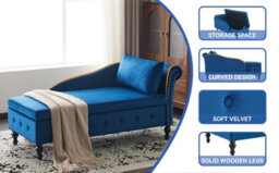 Matteo Velvet Chaise Lounge Sofa With Storage And Pillow - Blue - thumbnail 7
