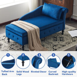 Matteo Velvet Chaise Lounge Sofa With Storage And Pillow - Blue - thumbnail 3
