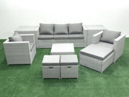 Fimous Rattan Garden Outdoor Furniture Sofa Set Square Coffee Table 2 Chairs 3 Stools 2 Side Tables Light Grey - thumbnail 1