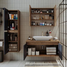 Roomart Atlantic Bathroom Set 4-Piece, 100 Cm Vanity Unit With Washbasin-Sink, Mirror Cabinet, Tall Unit, Antracite Oak - thumbnail 2