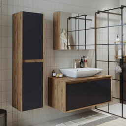 Roomart Atlantic Bathroom Set 4-Piece, 100 Cm Vanity Unit With Washbasin-Sink, Mirror Cabinet, Tall Unit, Antracite Oak - thumbnail 1