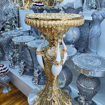Biznest End Table 3 Peacock Style Base Large 40X60Cm Diamond Crystal Sparkly Side Table (Gold)