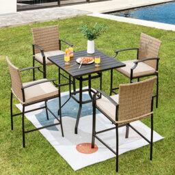 Costway 5 Pieces Garden Bar Table Chairs Set Patio Rattan Bistro Set W/ Soft Cushions - thumbnail 1