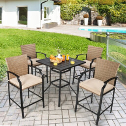 Costway 5 Pieces Garden Bar Table Chairs Set Patio Rattan Bistro Set W/ Soft Cushions - thumbnail 5