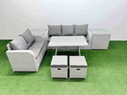 Fimous Outdoor Pe Rattan Garden Furniture Set Rectangular Dining Table Sofa Set With 2 Small Stool 2 Side Tables Light Grey - thumbnail 2