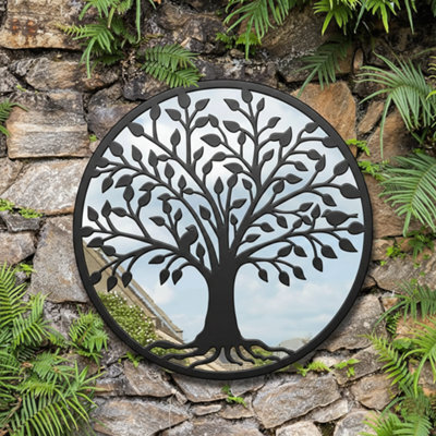 Deenz The Outdoor Living Collection Tree Of Life Mirror Black Circular Frame Branch Design Wall Mount Ornament Plastic Rustic 50Cm - image 1