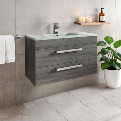 Plum&clay Novela Dark Wood Wall Hung Vanity Unit With Crystal Basin (W)800mm - image 1